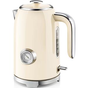 SUSTEAS Electric Kettle  57oz Hot Tea Kettle Water Boiler with Thermometer, 1500W Fast Heating Stainless Steel Tea Pot, Cordless with LED Indicator, Auto ShutOff & Boil Dry Protection, Beige