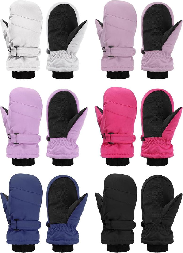 Newcotte 6 Pairs Winter Ski Mittens Kids Waterproof Warm Snow Gloves for Boys Girls Cold Weather Outdoor Activities, White, Light Pink, Dark Pink, Rose Red, Navy, Black, 5-8 Years