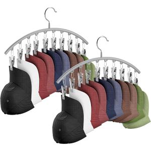 Hat Hangers for Closet, Metal 2 Pack Hat Organizer Holder for Hanger Closet Display, Hat Racks for Baseball Caps w/10 Clips, Hat Holder for Ball Caps & Accessories, for Men Women, Grey (Gray)