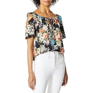 Star Vixen Women's Short Sleeve Peasant Top Dark Floral L