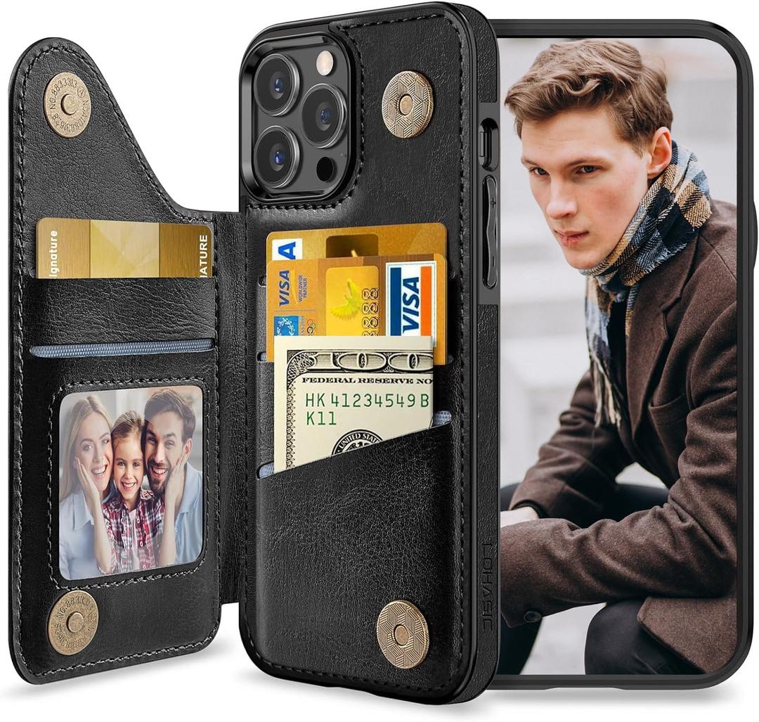LOHASIC for iPhone 13 Pro Wallet Case, 5 Card Holder Phone Cover to Men Women, Premium PU Leather Credit Slot, Magnetic Clasp Kickstand Protective Flip Folio Portfolio Pocket, 6.1 Inch - Black