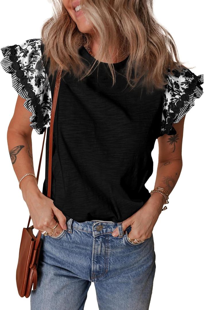 SELINK Womens Summer Ruffle Short Sleeve Top Crewneck T Shirts Floral Trim Casual Blouses Black-L
