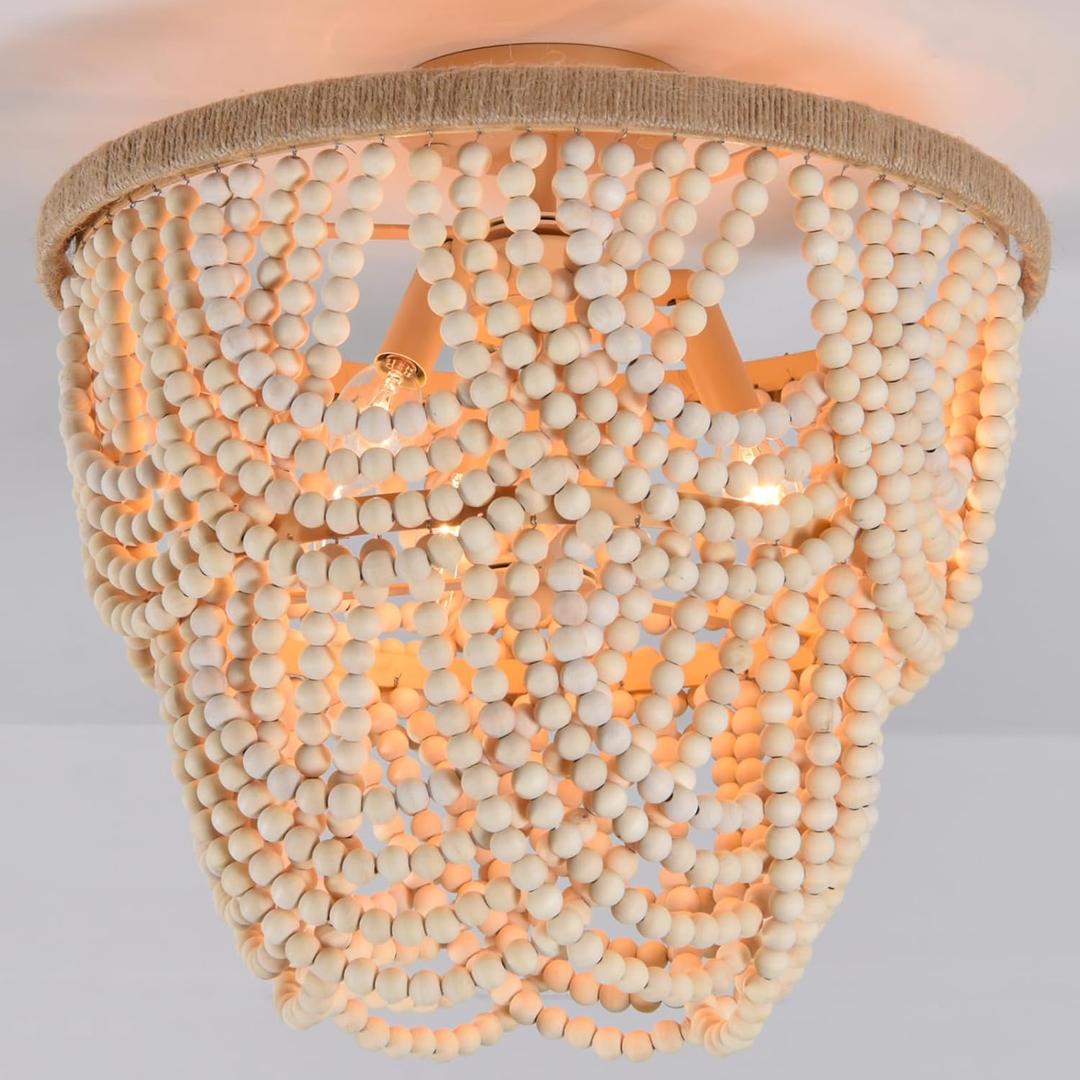 Boho Wood Beaded Chandelier Retro Vintage Antique Rustic 3 Lights Ceiling Lamp Light fixtures for Dining Room Kitchen Living Room Bedroom Foyer Office, W15.75"*H14.57"