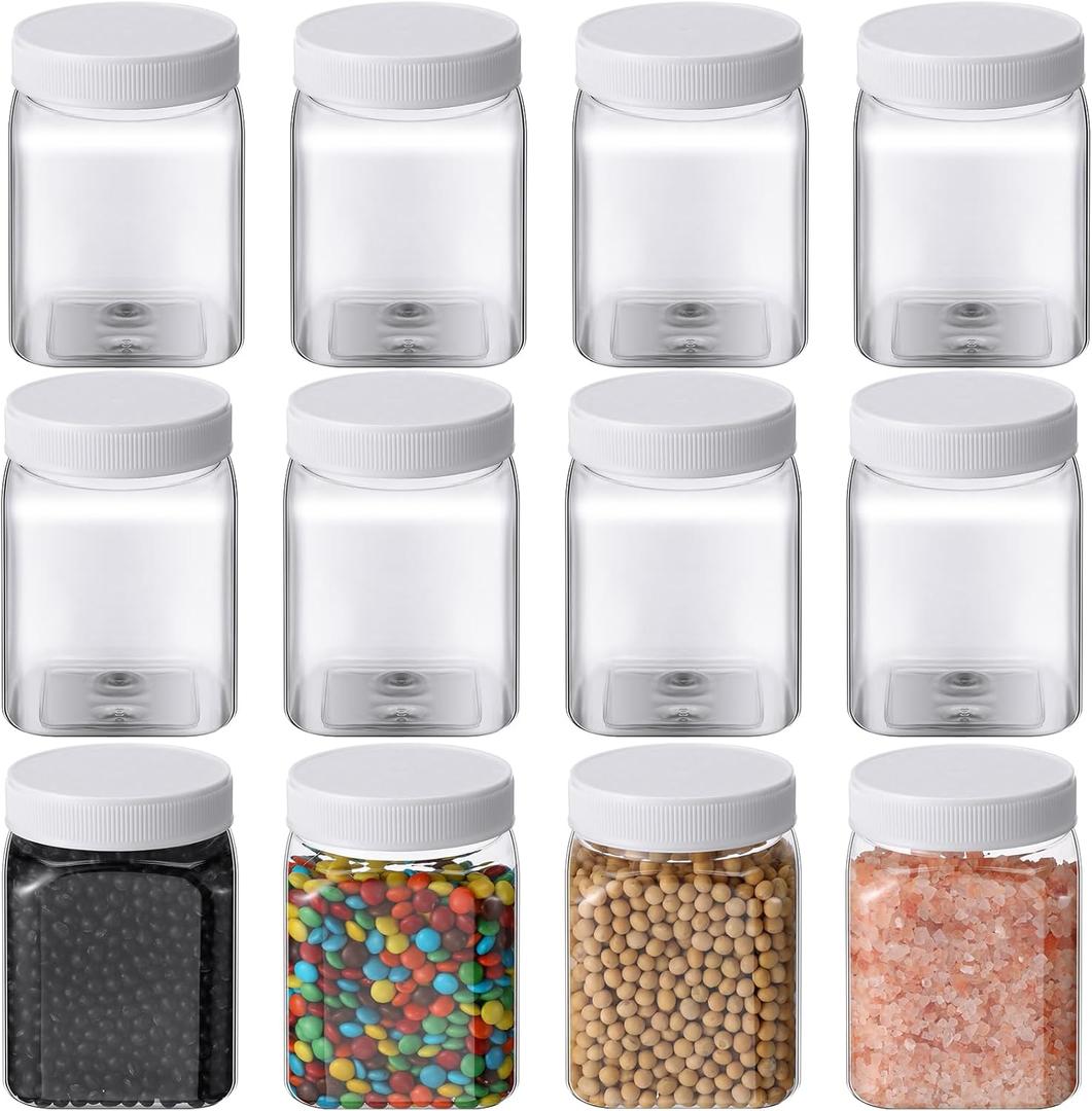 Nosiny 12 Pcs 24 oz Plastic Jars with Lids Airtight Food Containers Large Plastic Jars with Screw on Lids Refillable Kitchen Storage Containers for Dry Food, Coffee, Candy for Kitchen (White)