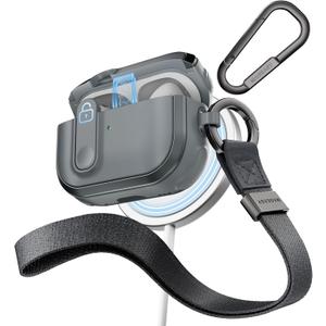 MAGEASY Odyssey AirPods 1st & 2nd Generation Case Cover with Drop Protection Lock & Travel Carabiner & Wrist Strap, Wireless Charging Compatible Apple AirPod Pro 1 2 Gen (Metal Blue Grey)