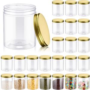 Irenare 24 Pcs 16 oz Plastic Jars with Lids Clear Plastic Containers Wide Mouth Food Mason Jars Airtight Storage Containers for Cake, Dried Fruit, Honey, Nuts, Carft, Scrub Cream(Golden Lids)