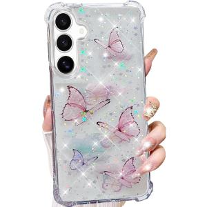 for Samsung Galaxy S25 Clear Glitter Butterfly Case, Cute Bling Sparkle Shiny Stars Soft TPU Bumper Four Corners Aesthetic Shockproof Protective Case for Women Girls for Galaxy S25 6.2", Pink