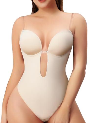 Slimers Women Shapewear Backless Body Bra Shaper Womens Plus Size Plunge Invishaper Low Back Thong Bodysuits Open Crotch Daily Use((Beige L) XXL