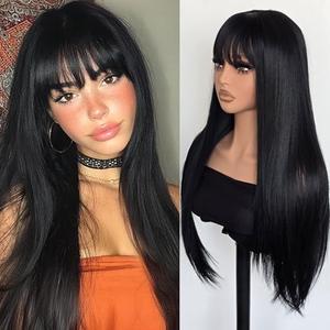 Black Wig with Bangs Long Straight Black Wig for Women 26 Inches Long Synthetic Wigs Black Straight Cosplay Wig Layered Black Natural Looking Hair Replacements Wigs for Girls Daily Party Costume Use