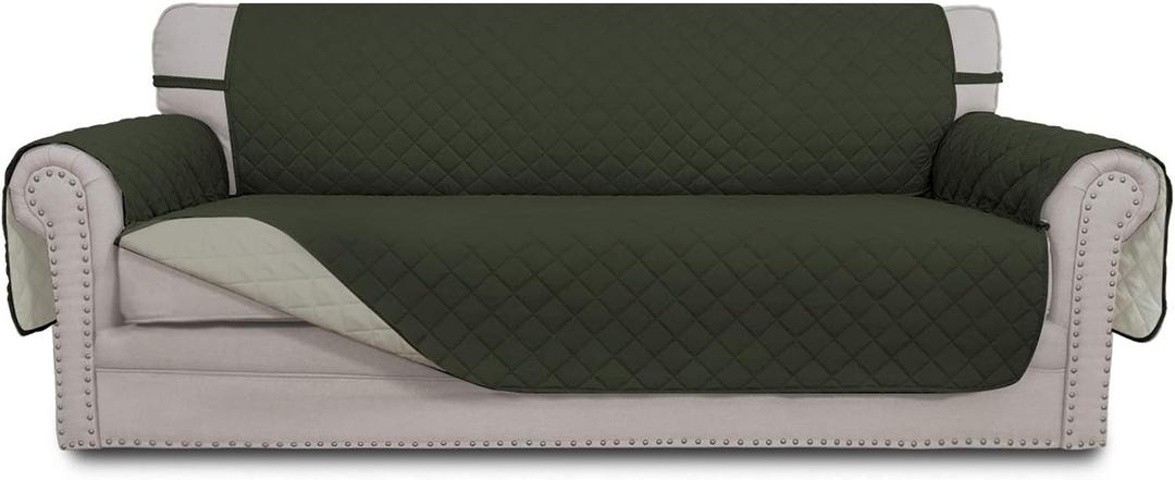 Easy-Going Reversible Couch Cover for 3 Cushion Couch Sofa Cover for Dogs Water Resistant Furniture Protector Cover with Foam Sticks Elastic Straps for Pet Cat (Sofa, Army Green/Beige)
