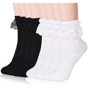 4 Pairs Ruffle Socks Women, Lace Frilly Crew Socks, Cotton Cute Princess Ankle Dress Lace Socks for Women