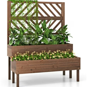 Toolsempire Raised Garden Bed with Trellis & 2 Planter Boxes, 2-Tier Outdoor Wooden Elevated Planter Box with Legs & Drainage Holes, Gardening Planter for Flowers, Herbs, Vegetables & Fruits(Brown)