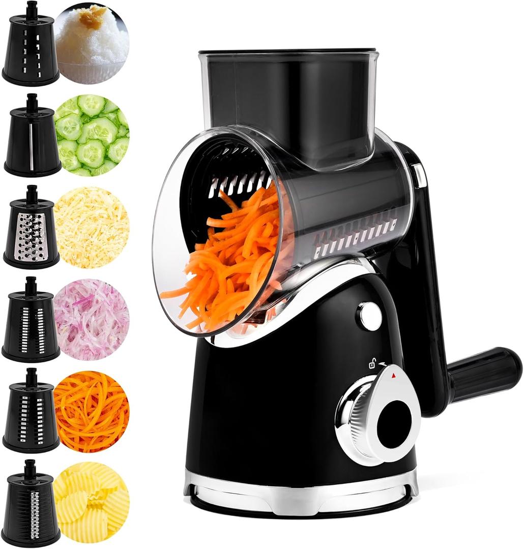 SUSTEAS Rotary Cheese Grater with Handle,Vegetable Slicer with 6 Interchangeable Blades, Reinforced Suction,Easy to Clean,Kitchen Shredder for Crushed Ice,Fruits and Nuts with Blade Storage Case,Black