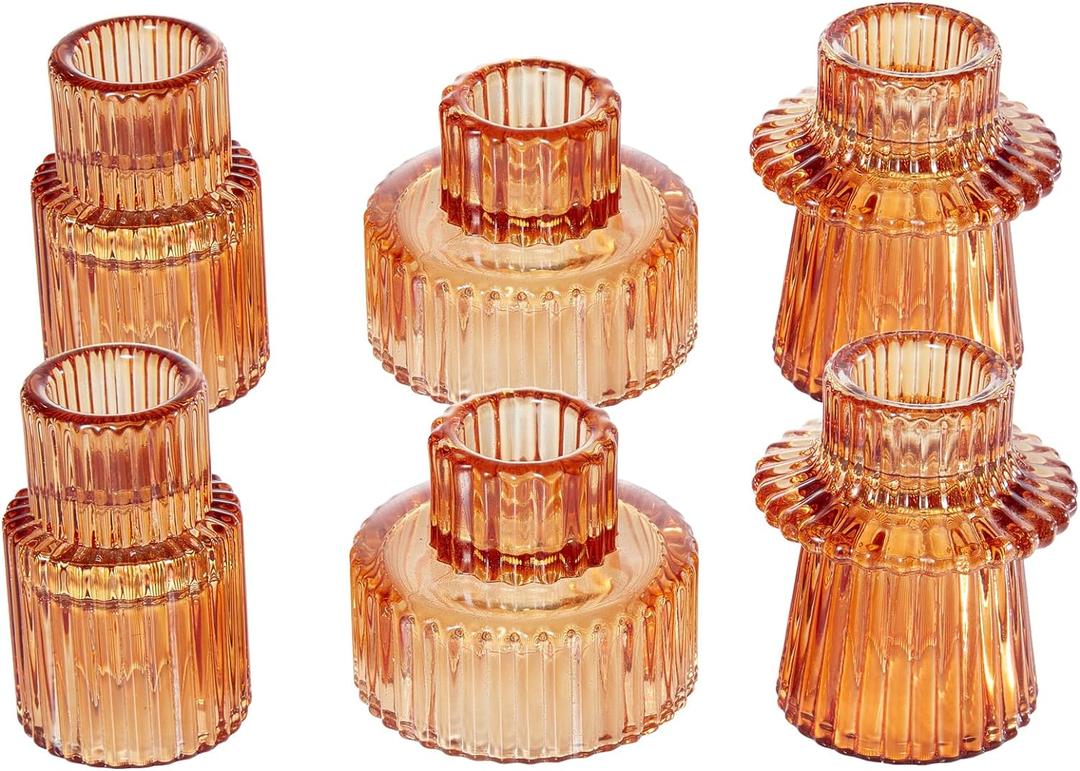 Tealight Candle Holder, Taper Glass Candlestick Holders, Votive Candle Stick Candle Holder for Table Centerpiece Wedding Dinner (6PACK, Amber)