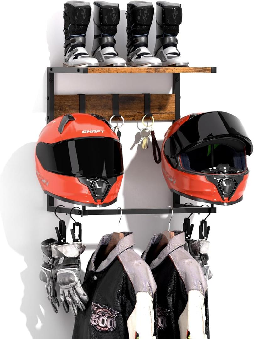 Urban Deco Motorcycle Helmet Holder Wall Mount, Helmet Rack with 2 Hat Stands, Helmet Stand for Display Wall Mount, Motorcycle Accessories Gear Storage for Men, Small (16.7*12*16.1 inches)