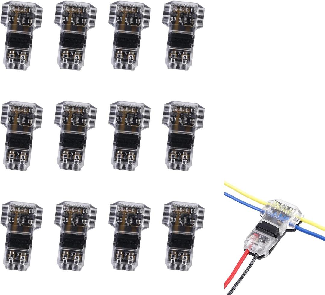 T Tap Wire Connectors for 16-18 AWG, Self-stripping Wire Connectors 3 Way 2 Pins, Quick Wire Splice Connectors, Solderless Low Voltage and High Voltage Wire Connectors 12 Pack