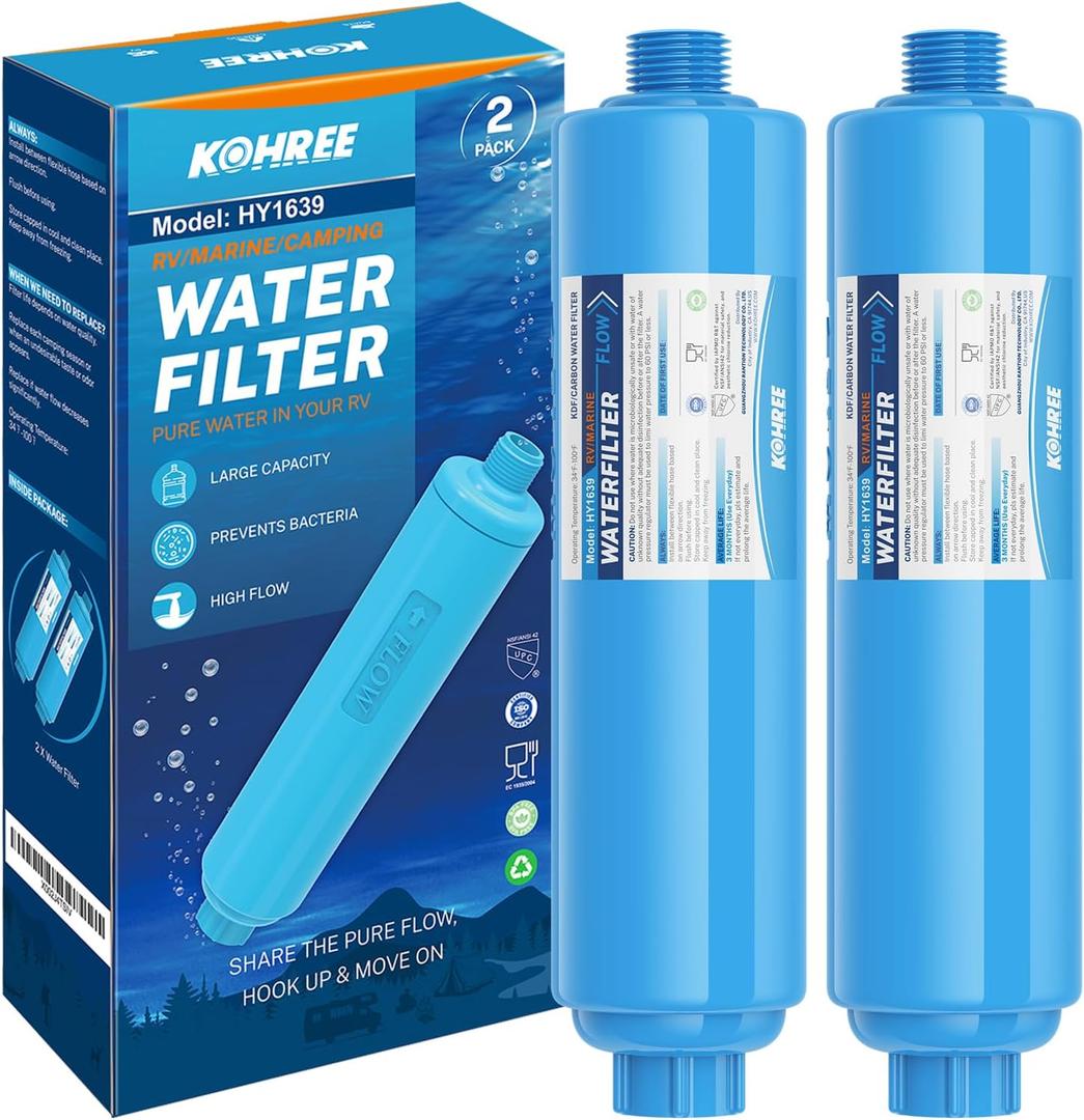 Kohree RV Water Filter, NSF Certified, Inline Water Filter Reduces Chlorine, Bad Taste, Odor, RV Accessories Ideal for Campers, Marine, Garden Hose, Boats, Trailer Motorhome, 2 Pack