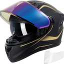 Full Face Motorcycle Helmets for Adult Men Women, DOT Approved Street Bike Racing Helmet Dual Visor Quick Release Buckle, Motorbike ADV Moped Helmet with Extra Clear Visor (Matte Black Gold, L)