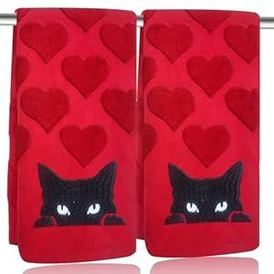 2 Pcs Heart Valentines Day Hand Towels For Bathroom 100% Cotton Red Embroidered Black Cat Decorative Bath Towels Holiday Kitchen Dish Towels Valentines Bathroom Decor Gift 13.7 X 29.5 Inch (Cat)