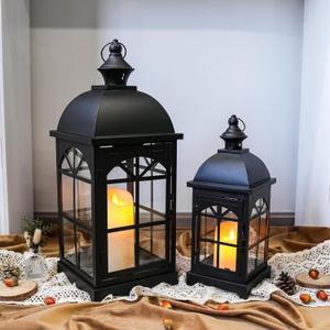 TRIROCKS Set of 2 Decorative Vintage Candle Lanterns 14.5"&20" H Farmhouse Outdoor Hanging Lanterns with Tempered Glass for Porch, Balcony, Patio, Home, Centerpieces, Indoor, Outdoor(Black)