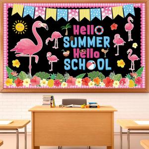 Summer Bulletin Board Decorations Set Tropical Hawaiian May June Classroom Decor Pink Flamingo Palm Leaf Paper Cutouts for Hello Summer Back to School Library VBS Holiday Window Chalkboard Wall Decor