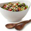60oz Large Ceramic Salad Bowl with Acacia Wood Utensils, 10" Oval White Serving Bowl for Soup, Pasta, Fruit, Snacks Mixing Bowls for Entertaining, Party, Kitchen, Dinner Housewarming Gift