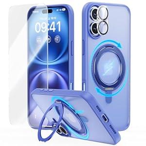 JUESHITUO 3 in 1 for iPhone 16 Case, 360° Rotatable Magnetic Ring Stand with [Rotary Damping Sound] [1X Screen Protector + 1X Camera Lens Protector] Shockproof Slim Phone Cover 6.1", Ultramarine