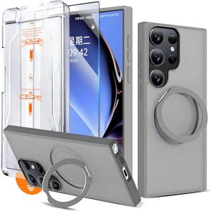 360 Spin Magnetic Stand for Samsung Galaxy S24 Ultra Case with Screen Protector,Fit for Magsafe,3X Military Grade Protective S24 Ultra Case with Kickstand Ring Holder,Matte Gray