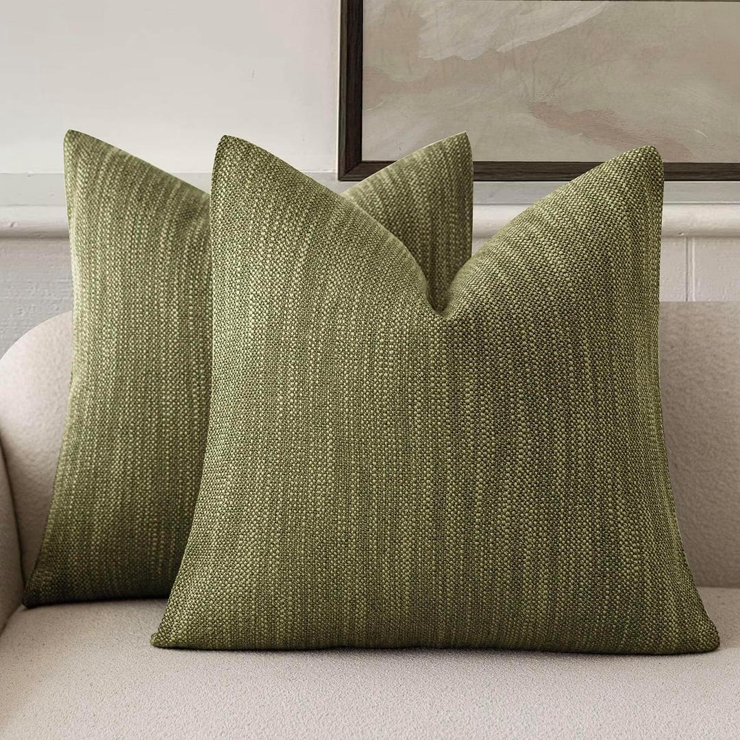 Foindtower Set of 2 Decorative Textured Burlap Linen Throw Pillow Covers Farmhouse Boho Cushion Cover Solid Accent Pillowcase for Couch Sofa Bed Living Room Home Decor, 2222 Inch,Olive Green