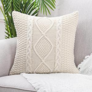 MANDIOO Cotton Knitted Beige Decorative Throw Pillow Covers Soft Cozy Outdoor Cushion Cases Luxury Modern Pillowcases for Couch Sofa Bed 16x16 Inches