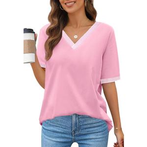 MEROKEETY Women's 2025 Short Sleeve V Neck Tee Tops Summer Color Block Loose Casual T Shirts (Pink, S)