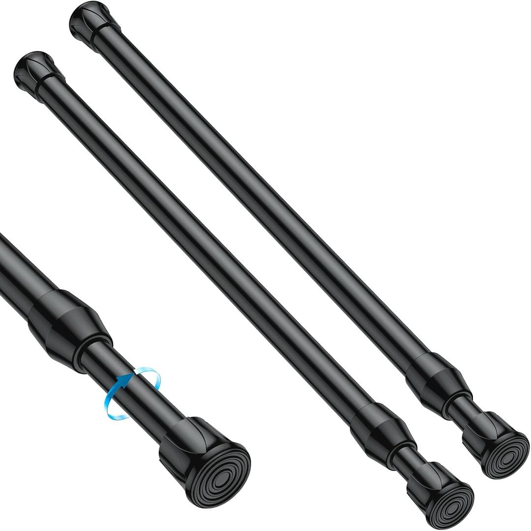 Set of 2 Small Tension Curtain Rod 11 to 19 Inch, Black Short Curtain Rods No Drilling, Loaded Expandable Spring Curtain Rods for Kitchen, Closet, Cupboard, Door, Bookshelf