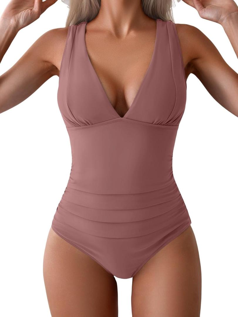 Eomenie One Piece Swimsuit for Women Tummy Control Plunge V Neck Bathing Suit Slimming Wide Straps Swimwear (Pink, XL)
