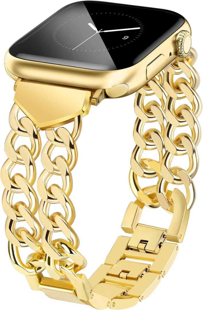 JR.DM Gold Watch Bands for Women Compatible with Apple Watch 41mm 38mm 42mm(S10/11) Stylish Western Adjustable Metal Steel Chain Bracelet for iWatch Series 11/10/9/8/7/6/5/4/3/2/1 SE 3/2/1 Ultra 3/2/1