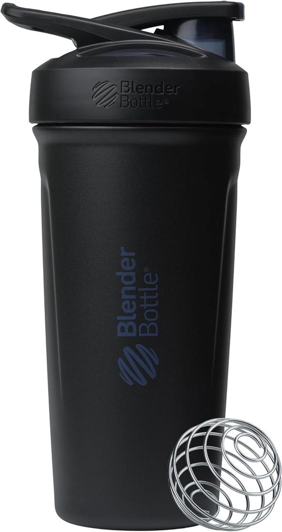 BlenderBottle Sport Shaker Cup Insulated Stainless Steel Water Bottle with Wire Whisk, 24-Ounce, Black