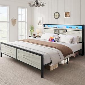 DWVO Farmhouse King Bed Frame with Headboard, Platform Bed with LED Lights and Charging Station, Sliding Barn Door, Solid Metal Slats, No Box Spring Needed (White)
