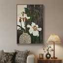 Framed Vertical Vintage Botanical Wall Art, Retro Zen Chinoiserie White Floral Canvas, Antique Asian Chinese Peony Painting Prints for Living Room Bedroom Office Hallway Entryway Wall Decor, 24x36