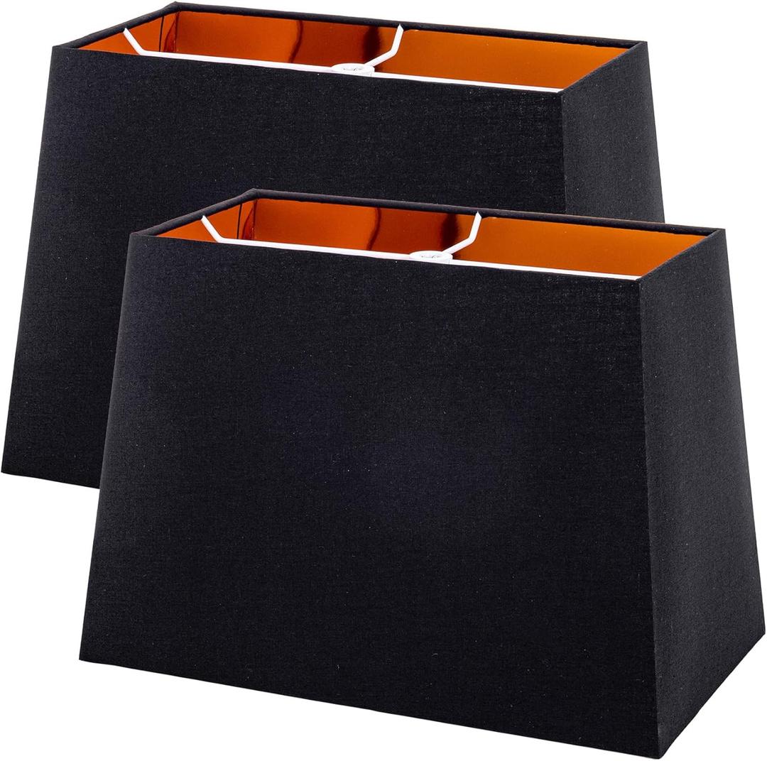 Wellmet Set of 2 Square Lampshade, 12" X14" X10" Replacement Lampshade, No Assembly Required, Classic Modern Lamp Shade for Table Lamp, Bedside Lamp, Floor Lamp, Fabric Lamp Shade, Spider Fitter (BlackGold)