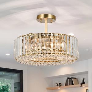 Lingkai 15.8 Modern Crystal Chandelier Gold Round Semi Flush Mount Ceiling Light Fixture Chandelier for Living Room Dining Room Bedroom Hallway Entryway Kitchen