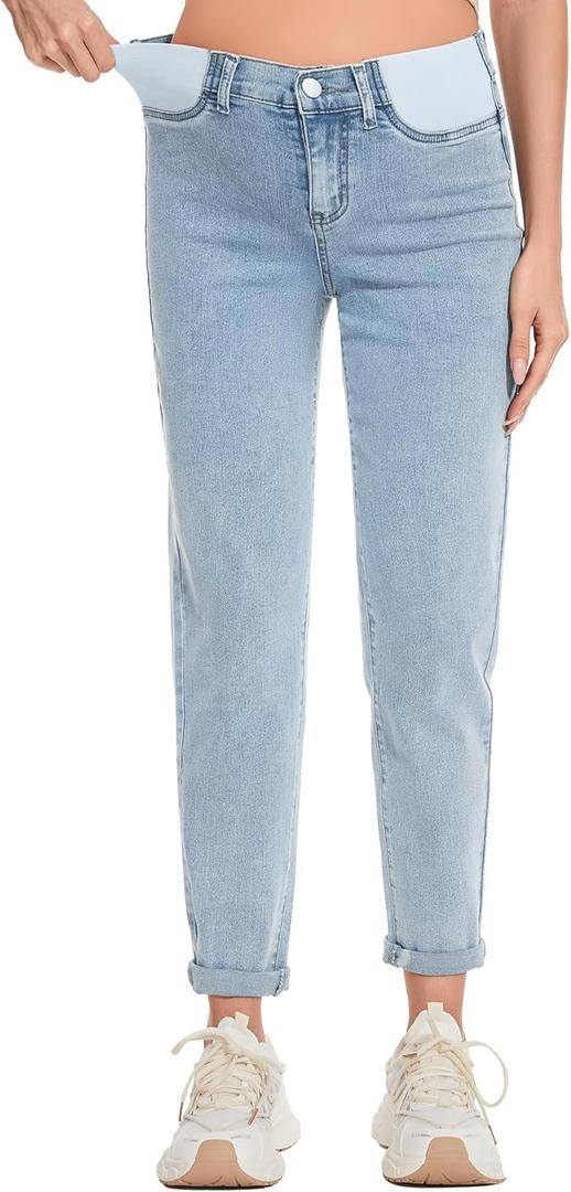 FABRACK Women's Maternity Jeans Mid-Rise Stretchy Boyfriend Jeans Under Belly Pregnancy Denim Pants with Elastic Inset Panel (Light Blue) S