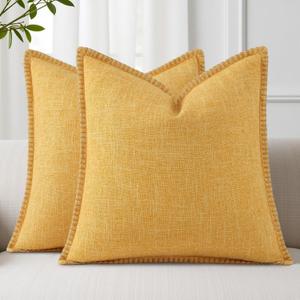 decorUhome Spring Decorative Throw Pillow Covers 26x26 Set of 2 Square Linen Outdoor Neutral Farmhouse Euro Sham Pillow Covers with Stitched Edge for Couch Sofa Living Room, Mustard Yellow