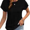 SKVON Womens Tops Casual Scoop Neck Short Sleeve Embroidered Lace Hollow Out Shirts Loose Tunic Knit Boho Blouses (Black, XXL)
