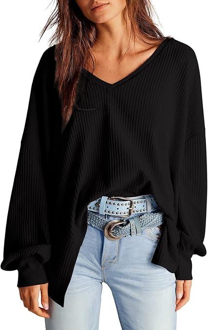 Womens Waffle Knit Tops Fashion 2026 Long Lantern Sleeve Casual Blouses V Neck Oversized T Shirts, XXL