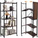 5-Tier Foldable Storage Shelves with Wheels, Folding Metal Shelf Unit, Folding Bookshelf no Assembly, Collapsible Shelves for Craft Shows for Kitchen, Bedroom, Living Room, Rustic Brown