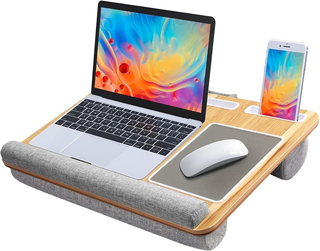 HUANUO Lap Desk - Fits up to 17 inches Laptop Desk, Built in Mouse Pad & Wrist Pad for Notebook, Laptop, Tablet, Lap Stand with Tablet, Pen & Phone Holder, Wood Grain