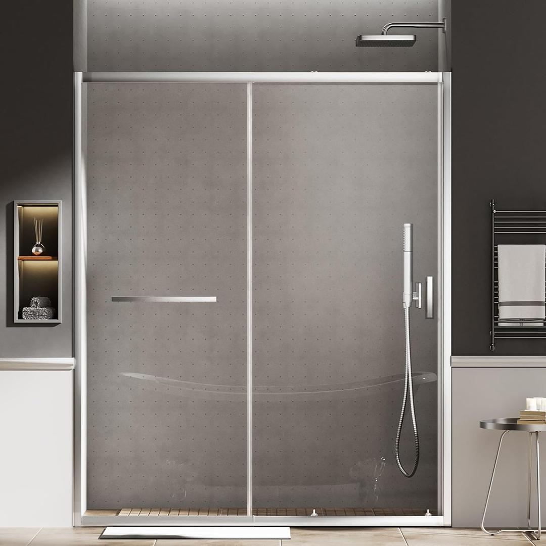 Sliding Shower Door, 52-60" W 75" H Shower Glass Door, 1/4" (6mm) SGCC Clear Tempered Glass Shower with Explosion-Proof Film,Magnetic Closure, Brushed Nickel