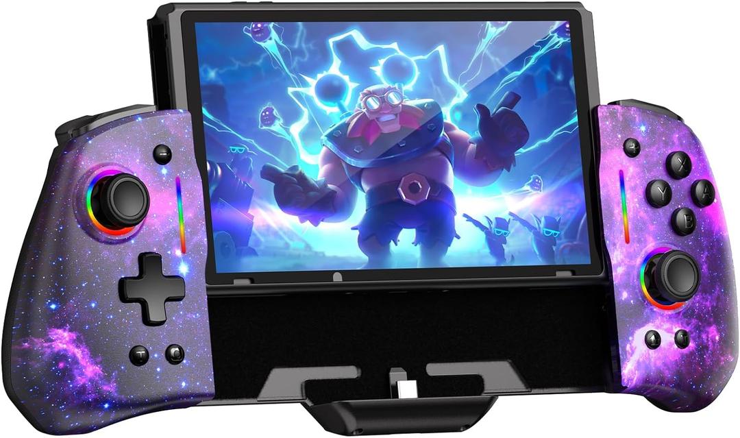 NexiGo Hall Effect Gripcon (No Drift, No Deadzone) with Hall Sensing Joystick for Switch/Switch OLED, Adjustable RGB Light, 6-Axis Gyro, Turbo, Mapping (Cosmic Nebula)