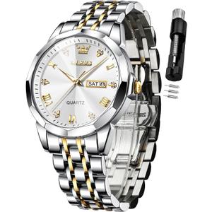 OLEVS Watch for Men Diamond Business Dress Analog Quartz Stainless Steel Waterproof Luminous Date Two Tone Luxury Casual Wrist Watch Blue