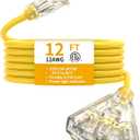 12FT 12 Gauge Heavy Duty Outdoor Extension Cord Waterproof with 3 Outlets Splitter & Lighted End, SJTW 15A 1875W 3 Prong Weatherproof Electric Cable Multi-Plug 3 way Power Cord, ETL Listed for Outside, Yellow