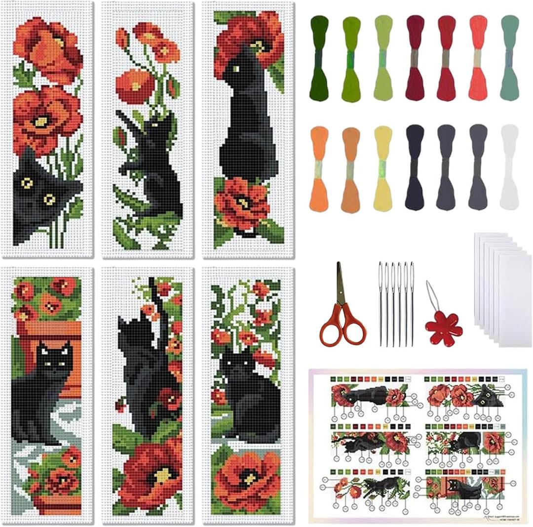 FREEBLOSS 6Pcs Cross Stitch Bookmark Kits Cat Stamped Embroidery Bookmarks Beginner Embroidery Kit with Instructions Counted Cross Stitch Kit for Hand Embroidery Adults